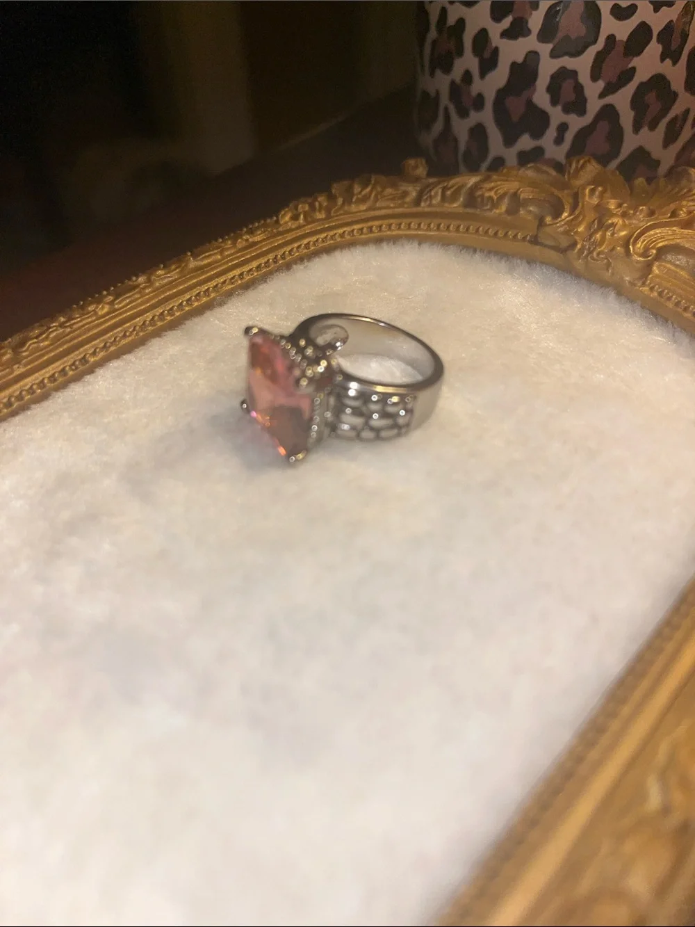 Rose Pink Cushion-Cut Ring in Dark Silver Band